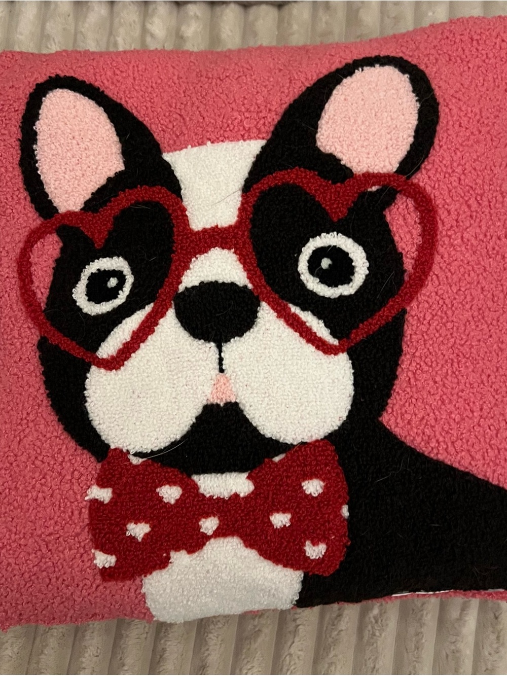 Plush Dog Face Throw Pillow in Pink with Red Accents—Boston Terrier—NWOT!